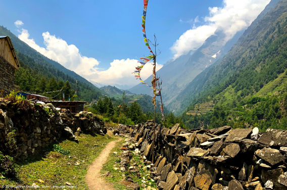 On the trek heading up Nubri Valley, just passing Syo, Ripum monastery perched atop the hill in Lho comes into view. The mani walls seen here on the right line many of the paths through the valley.